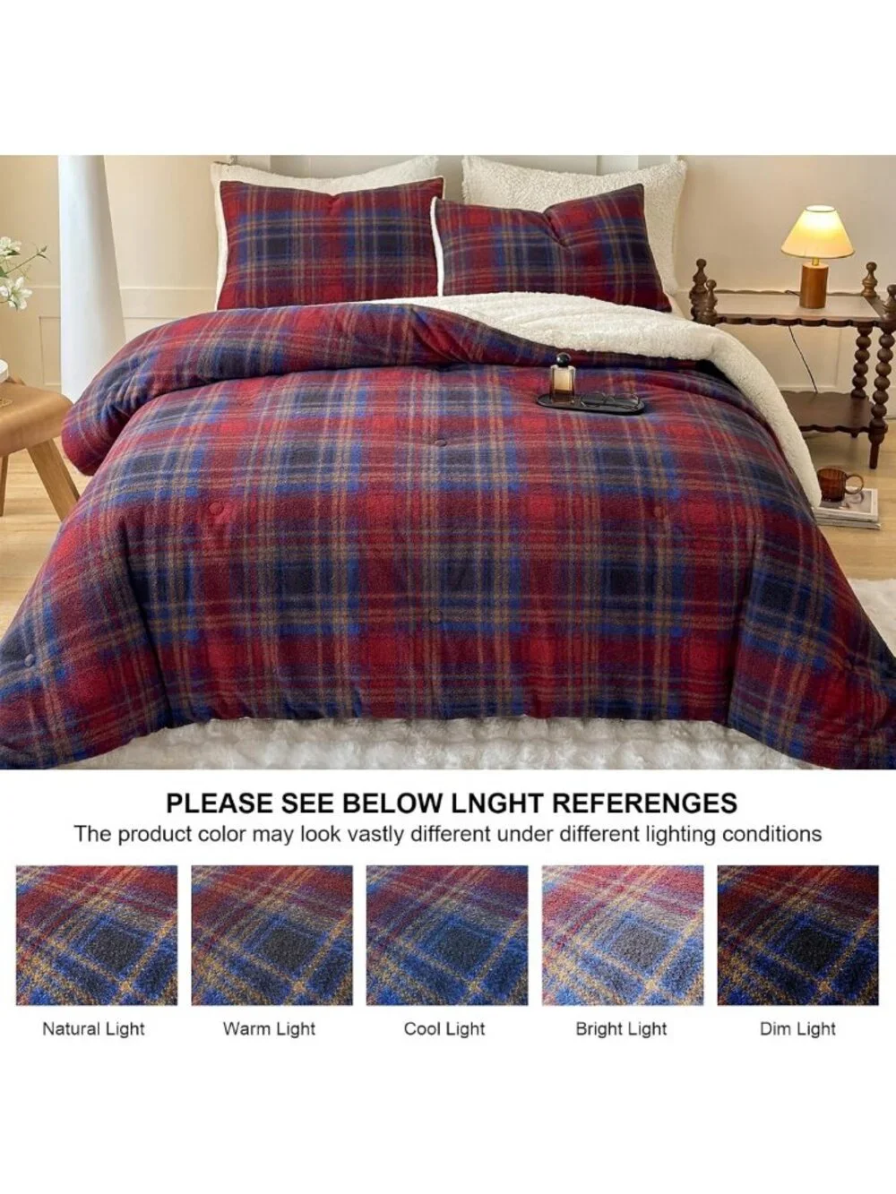 Cozy Plaid Sherpa Comforter Set, 3-Piece Fluffy Fleece Bedding, Queen Size